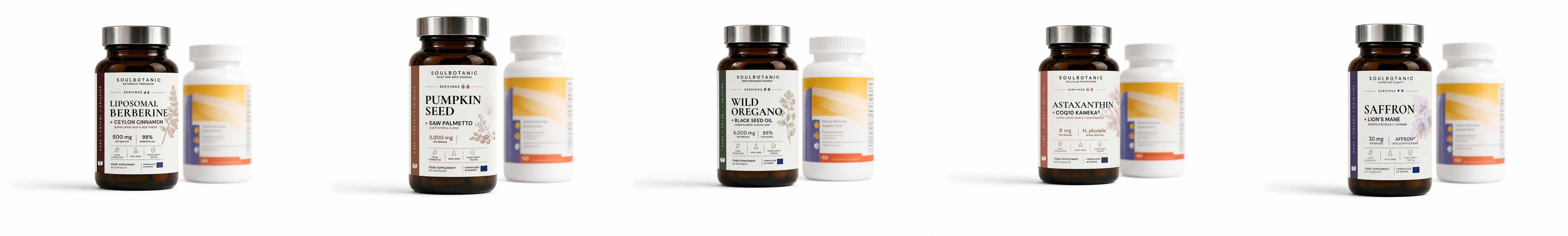Five SoulBotanic jars, each beside an anonymous competitor bottle, on one continuous surface