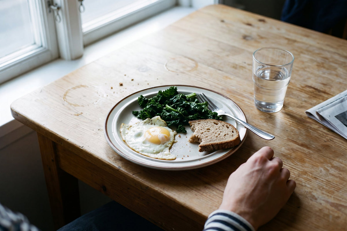 A half-eaten breakfast of eggs and greens on a kitchen table in morning light, one hand resting beside the plate