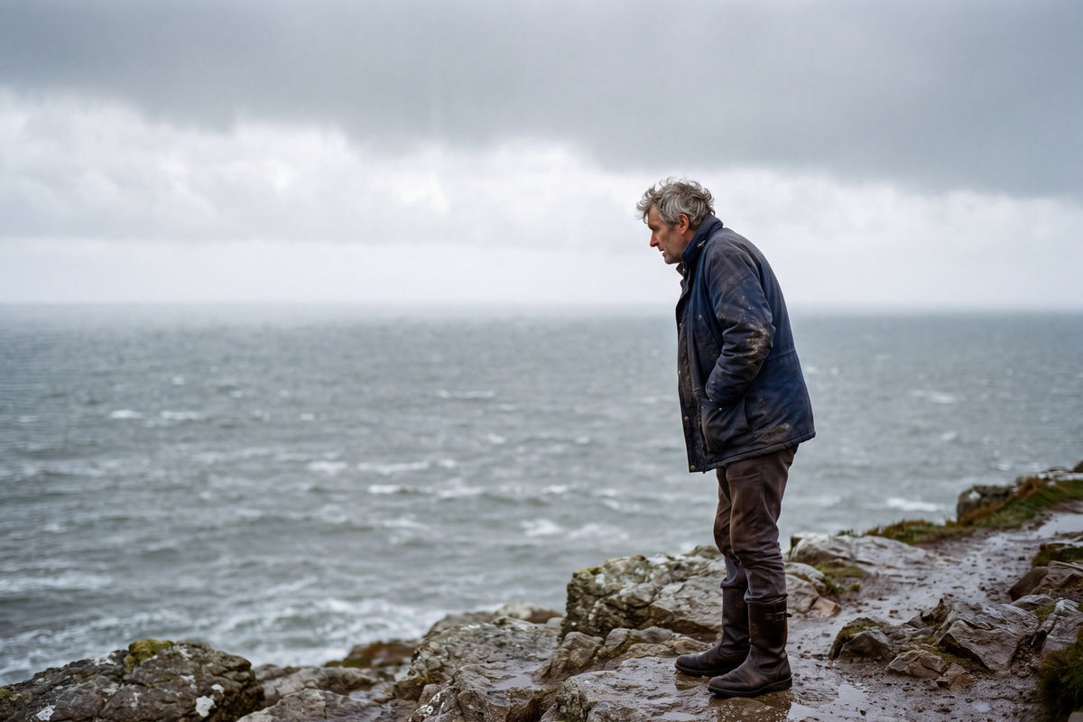 A man in his fifties pausing in profile on a wet coastal path under flat grey overcast light