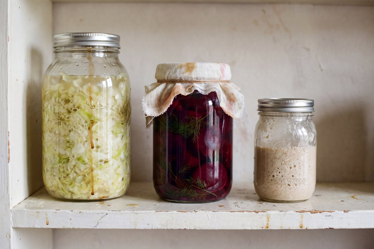 Three unlabelled glass jars of sauerkraut, pickled beetroot and a cloudy ferment on a painted kitchen shelf
