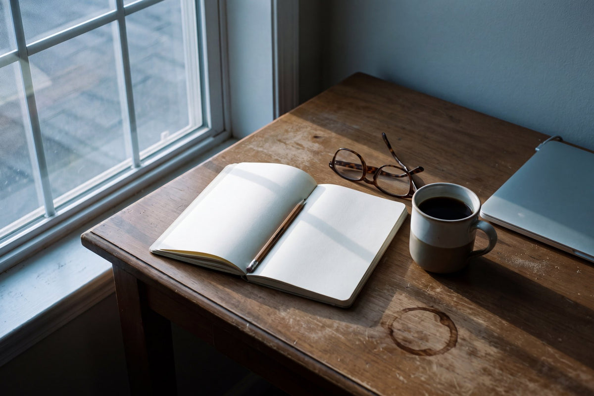 A quiet desk beside a window with an open notebook, pencil, coffee and reading glasses in late-afternoon light