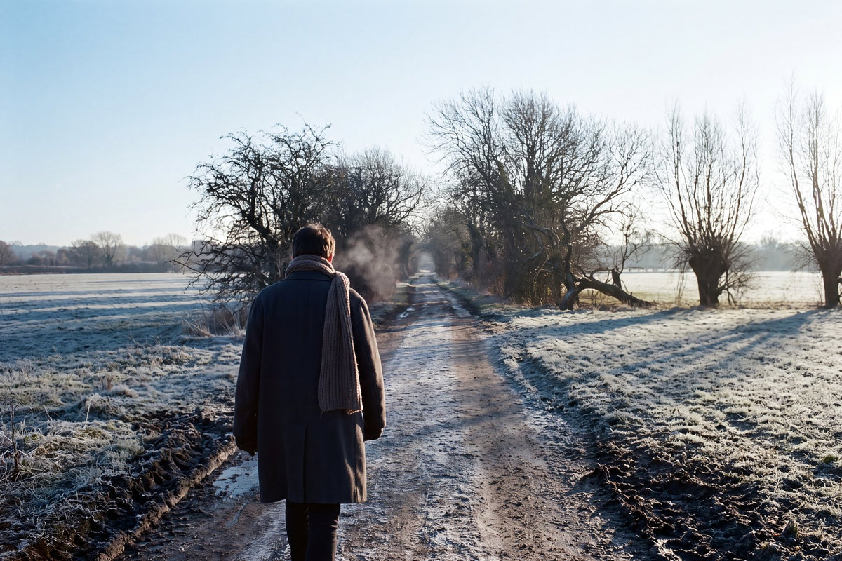 A person in a wool coat walking away along a frosted path on a cold bright winter morning