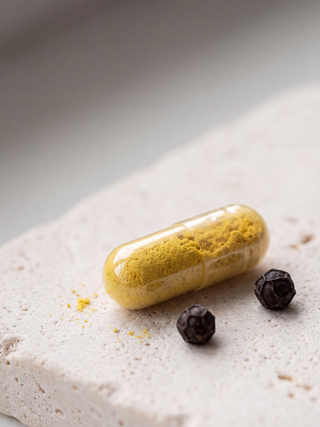 A clear capsule of canary-yellow liposomal berberine powder beside two black peppercorns