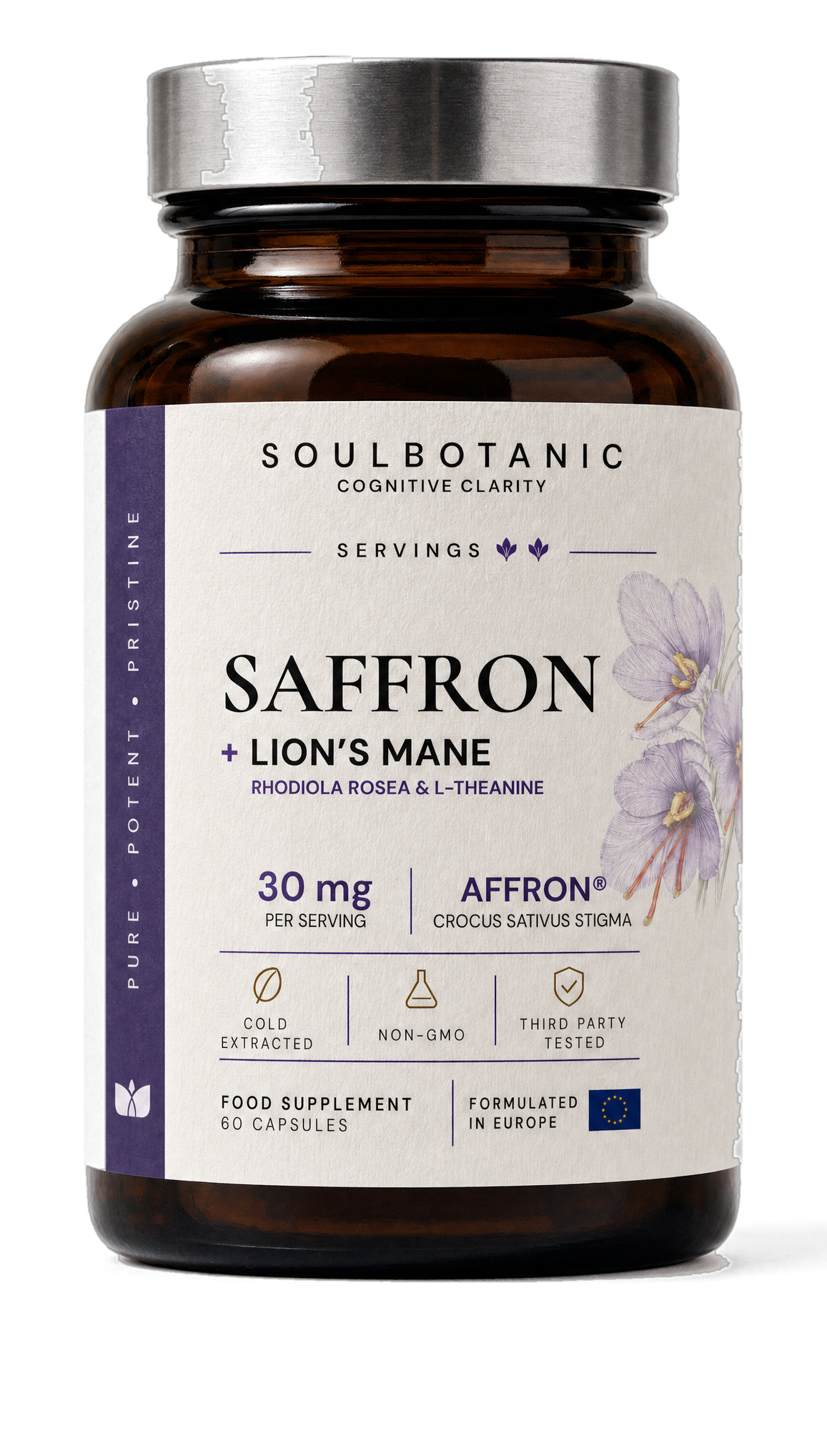 SoulBotanic Saffron + Lion's Mane amber glass jar