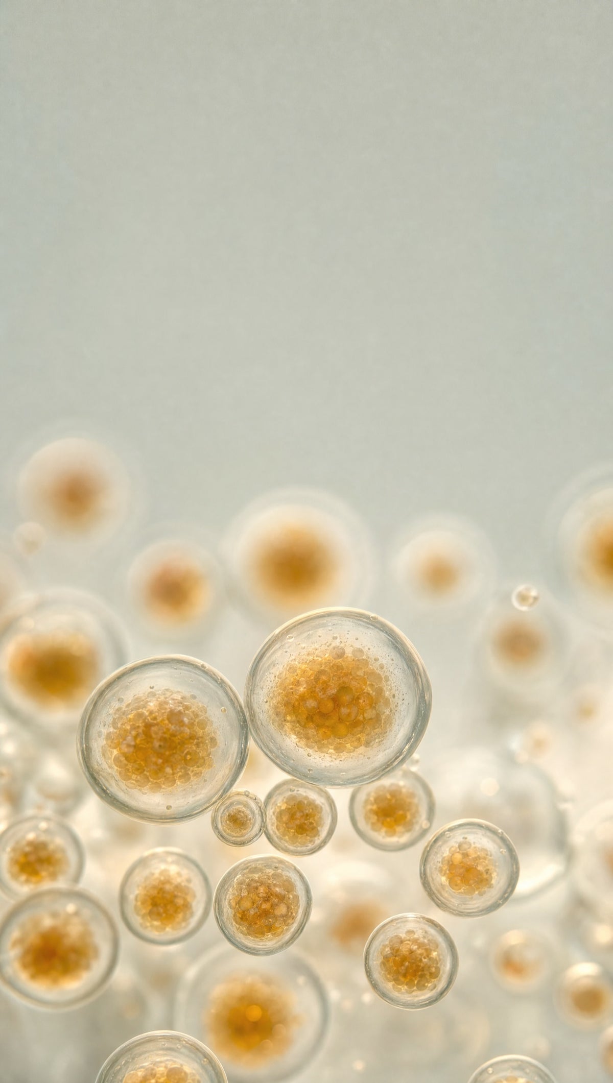 Amber berberine actives held inside translucent phospholipid liposomes on a deep-moss field