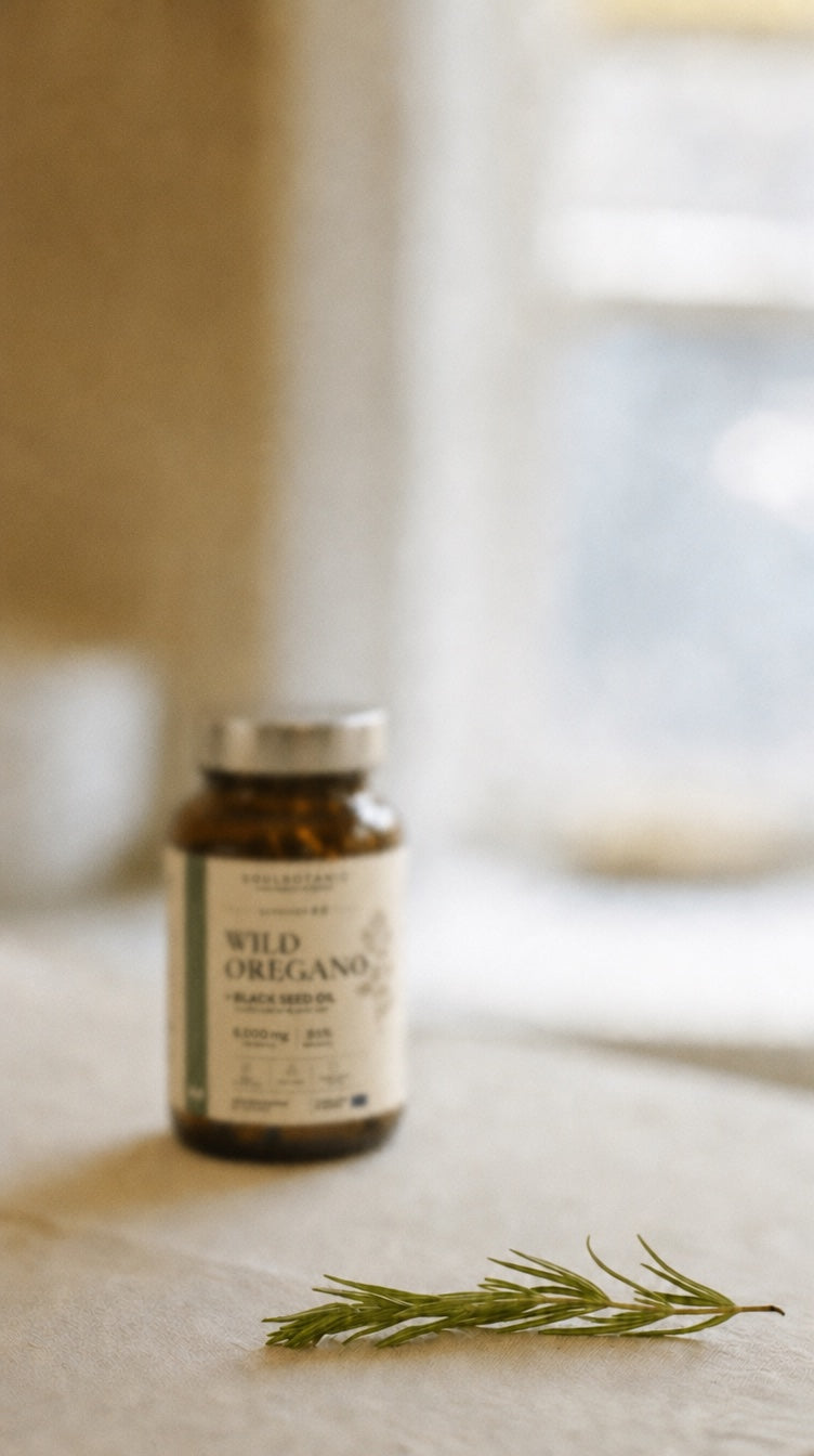 The Wild Oregano bottle softly out of focus on linen by a window, a fresh herb sprig in front