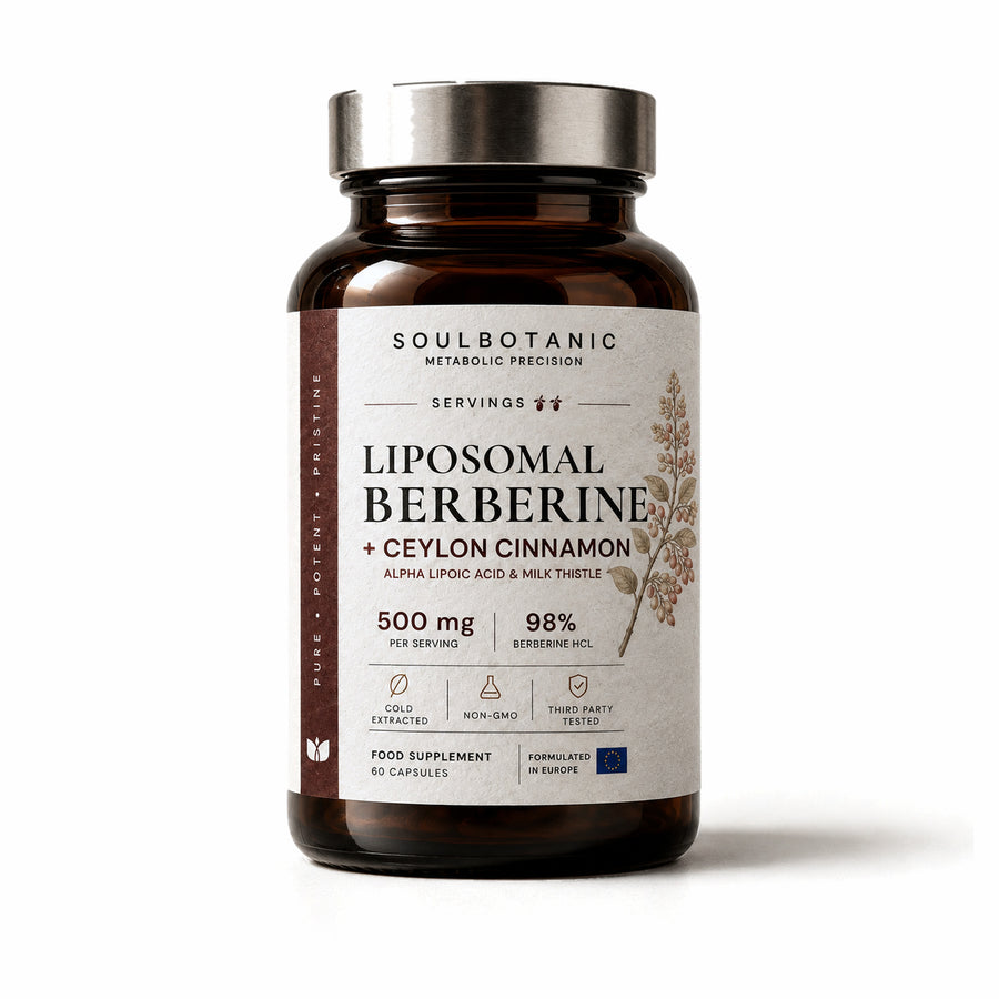 SoulBotanic Liposomal Berberine bottle standing on a plain white studio background