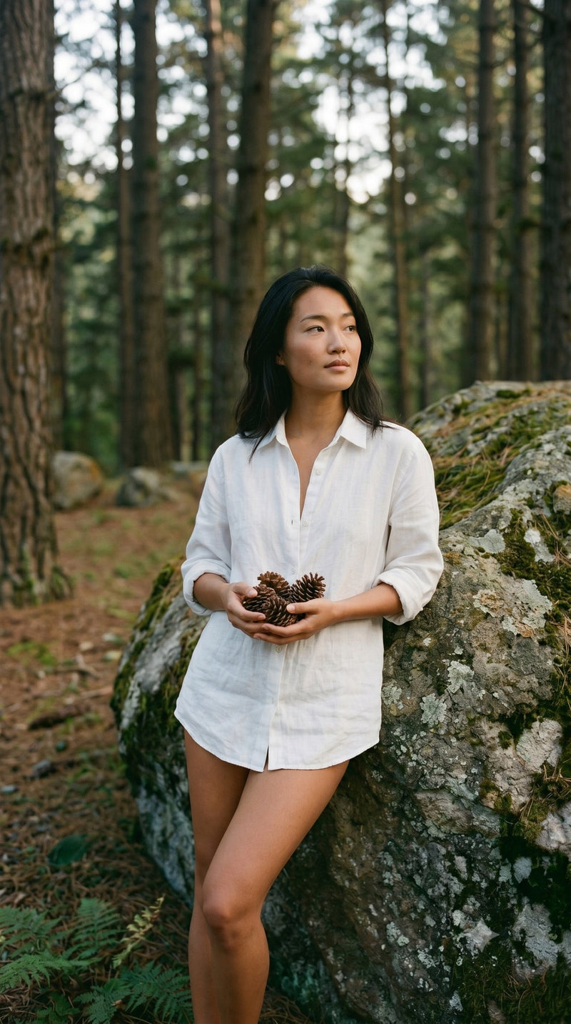 A woman pausing among pines in soft forest light