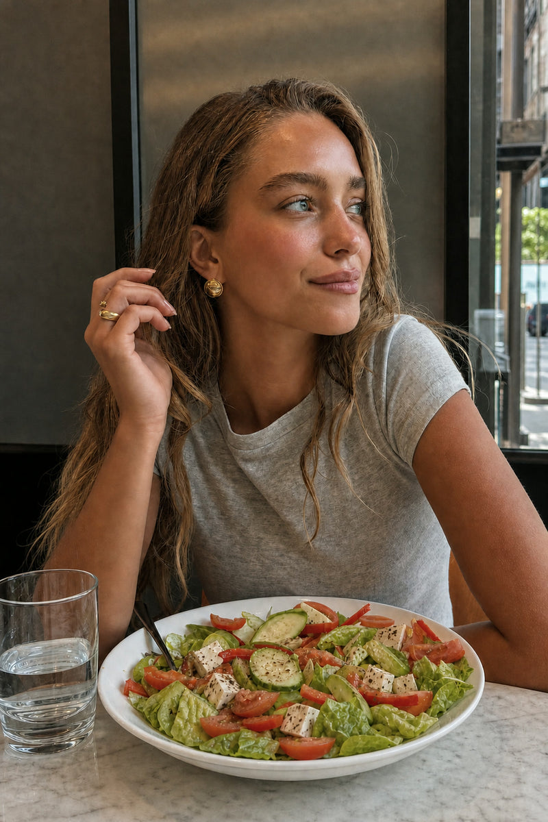 A woman seated at a restaurant table with a fresh green salad