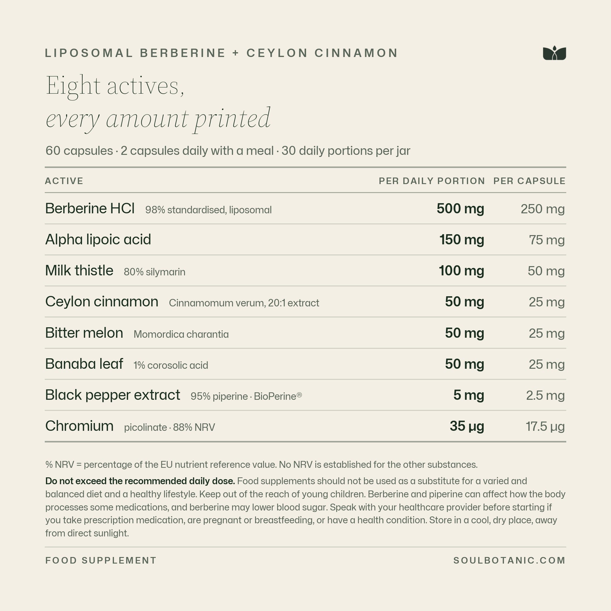 Composition panel for Liposomal Berberine + Ceylon Cinnamon on plain cream: eight actives with the amount in each daily portion of two capsules and in each single capsule — berberine HCl 500 mg standardised to 98% and liposomal, alpha lipoic acid 150 mg, milk thistle 100 mg at 80% silymarin, Ceylon cinnamon 50 mg as a 20:1 extract, bitter melon 50 mg, banaba leaf 50 mg at 1% corosolic acid, black pepper extract 5 mg at 95% piperine, and chromium 35 micrograms providing 88% of the EU nutrient reference value, followed by the EU food-supplement statements.