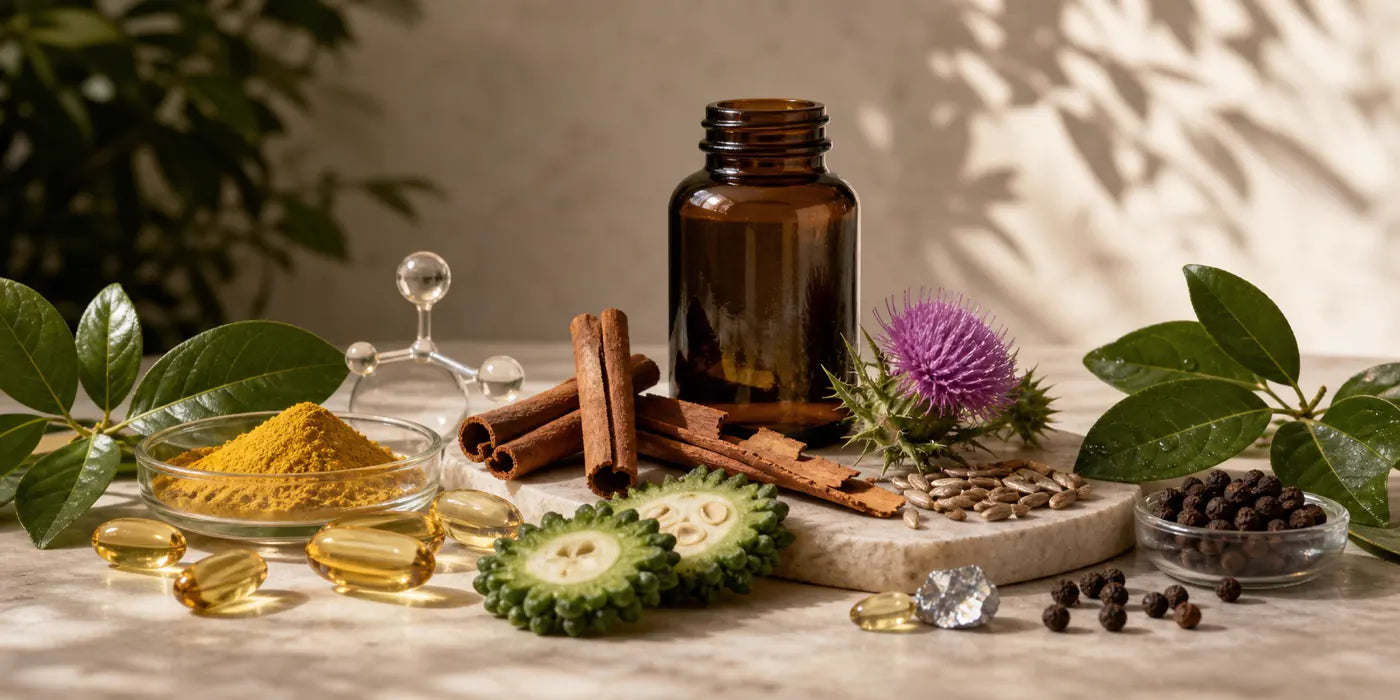 Editorial still life of berberine powder, cinnamon, bitter melon, banaba leaves, milk thistle, black pepper and supplement capsules