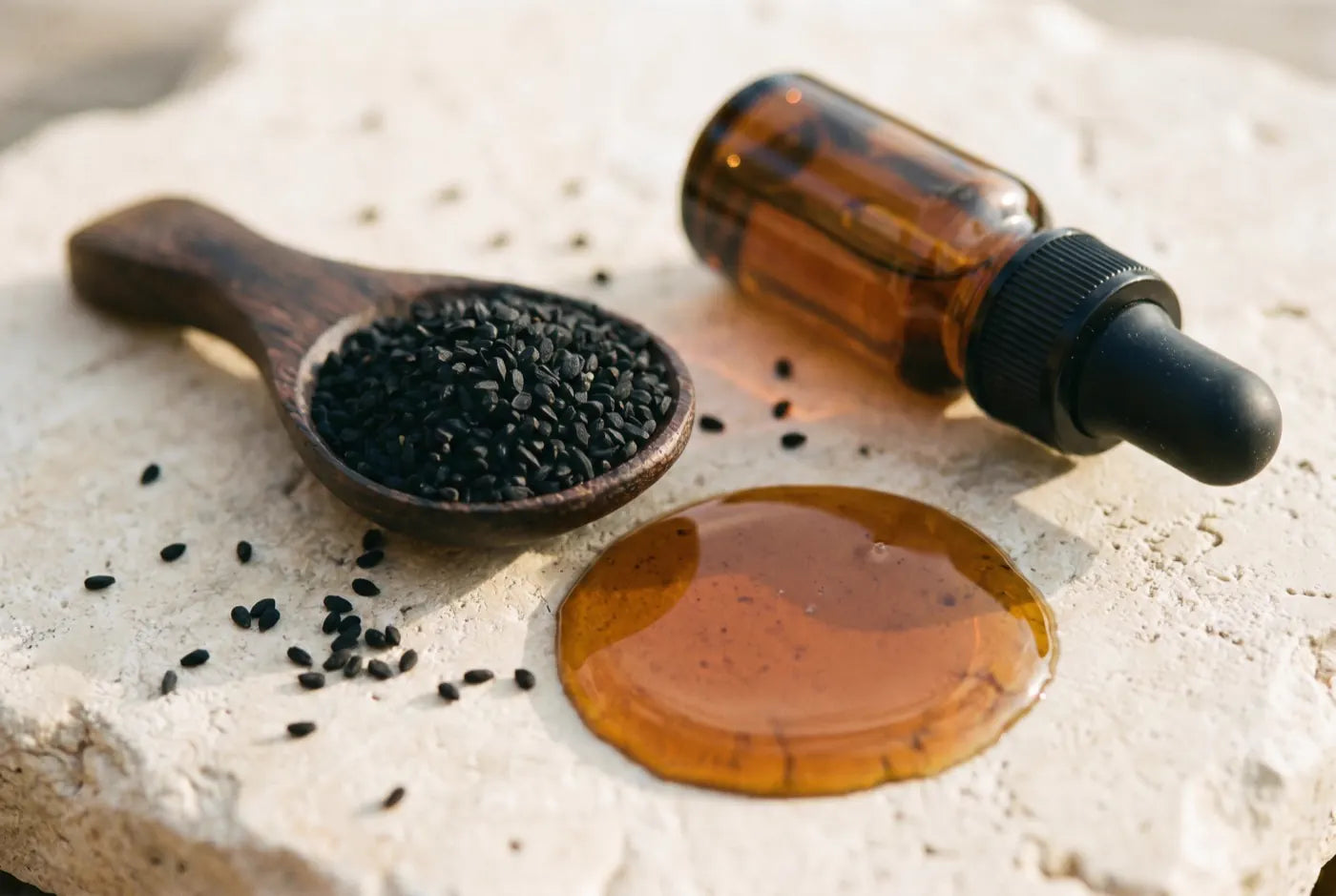 Makroaufnahme schwarzer Nigella-sativa-Samen auf einem Holzlöffel neben einer bernsteinfarbenen Pipettenflasche und einer Lache dunkelgoldenen Schwarzkümmelöls auf Stein