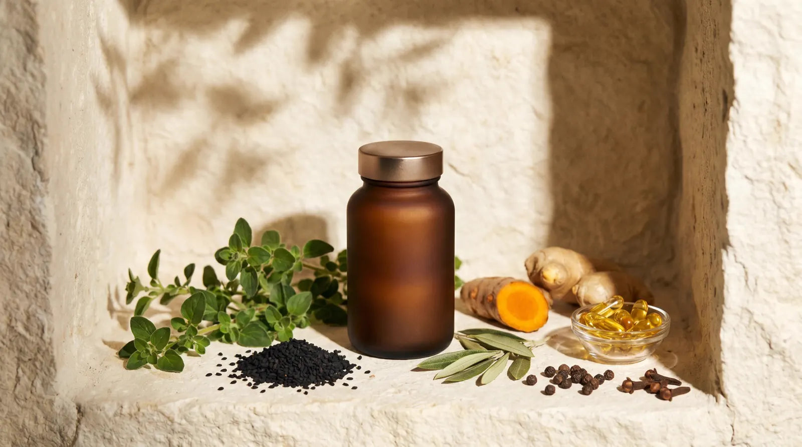 Redaktionelles Stillleben einer bernsteinfarbenen Flasche eines Nahrungsergänzungsmittels, umgeben von wildem Oregano, Schwarzkümmel, Olivenblatt, Kurkuma, Ingwer, Nelke, Pfefferkörnern und goldenen Softgel-Kapseln auf warmem Stein