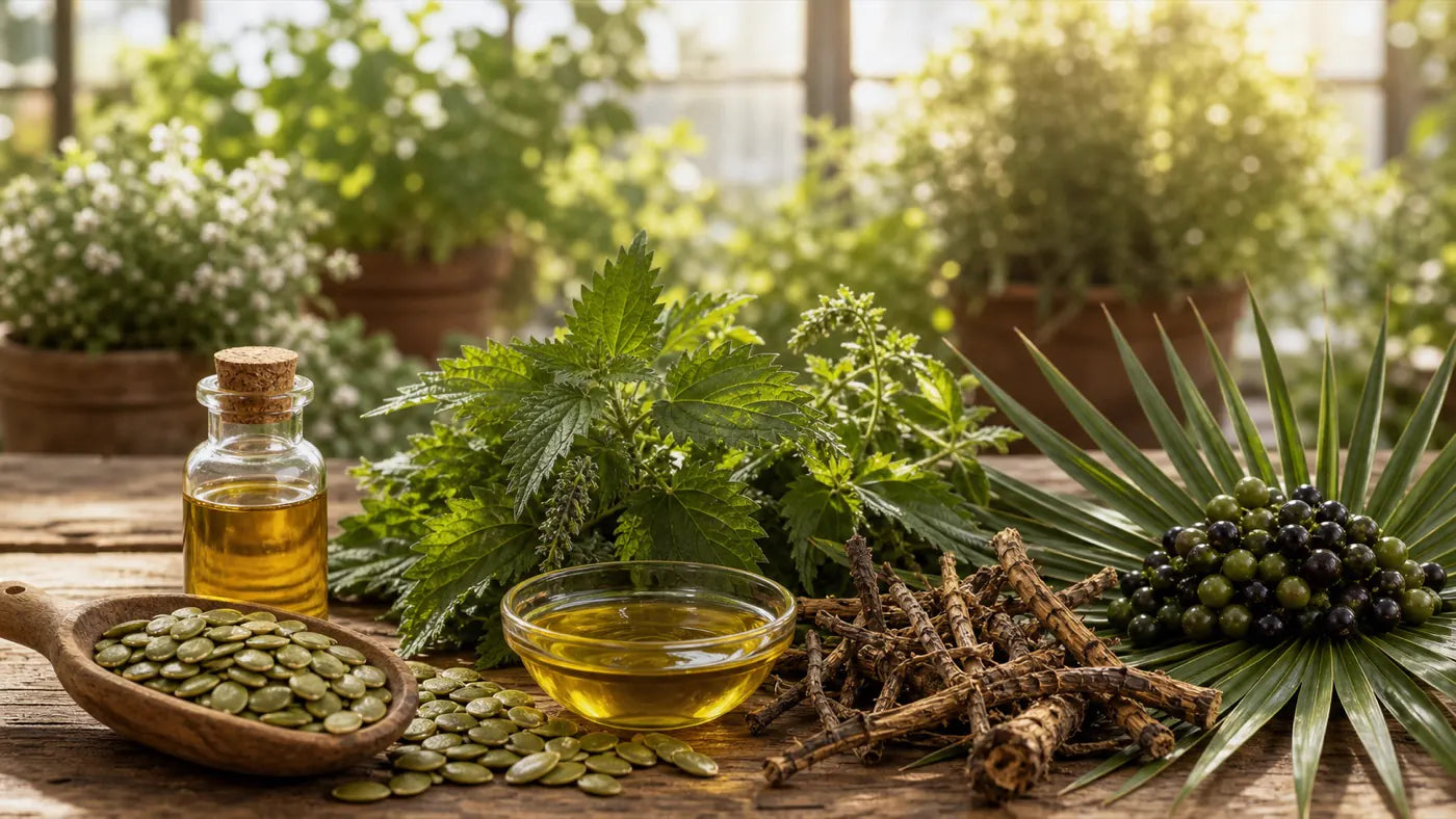 Pumpkin seed oil, nettle root, saw palmetto berries and botanical oils for a women’s hair-density support guide