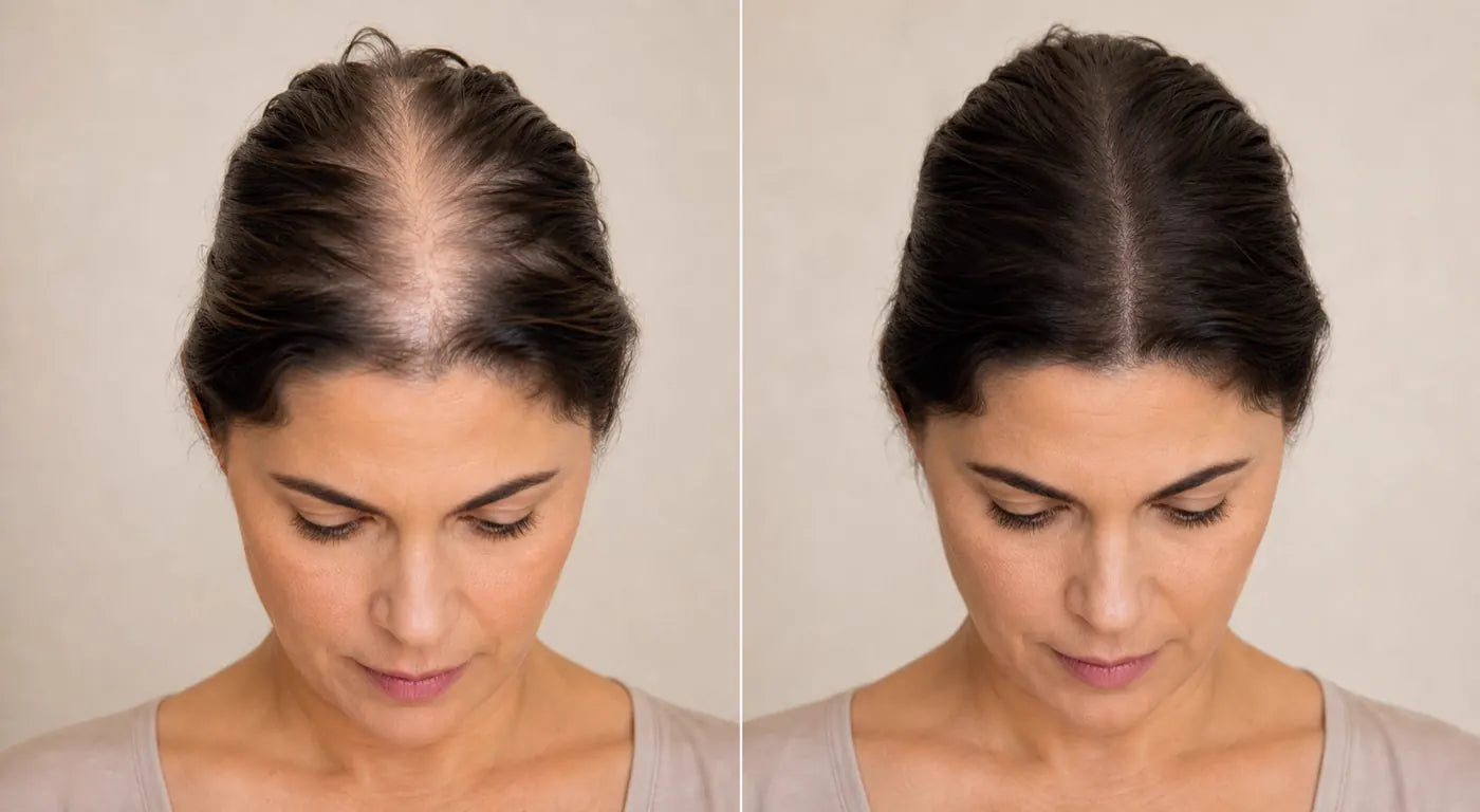 Veranschaulichender Vergleich des Mittelscheitels einer Frau, der zu Lehrzwecken eine geringere und eine voller wirkende Haardichte zeigt
