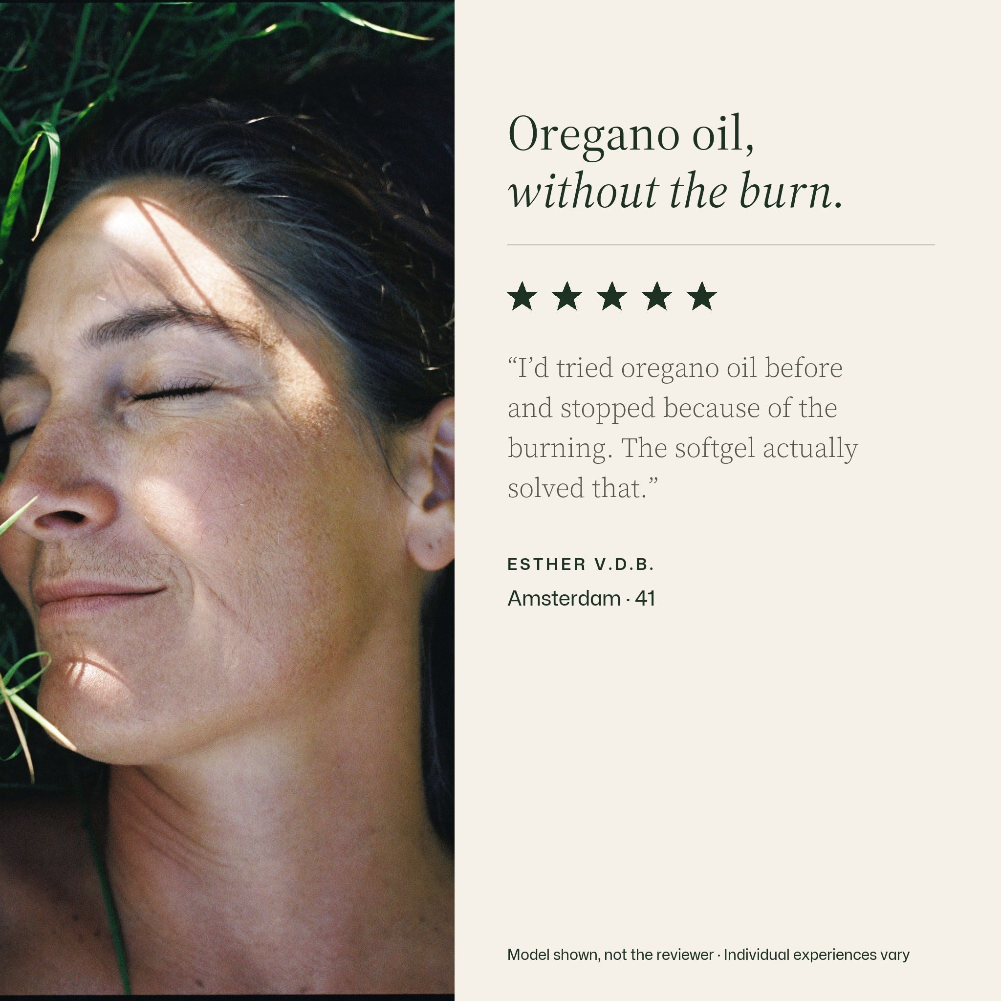 Five-star testimonial graphic reading “I’d tried oregano oil before and stopped because of the burning. The softgel actually solved that.” beside a woman resting in grass.