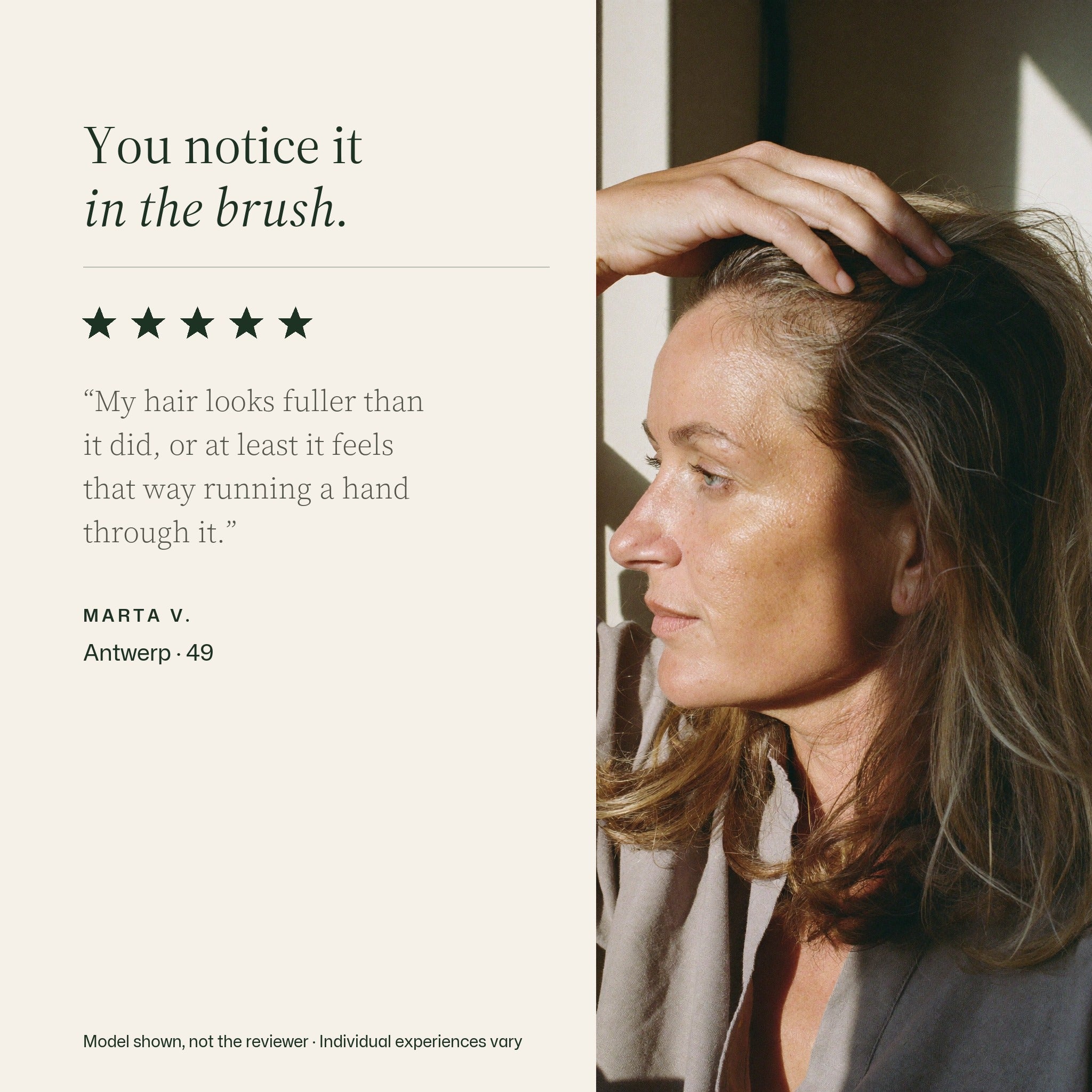 Five-star testimonial graphic reading “My hair looks fuller than it did, or at least it feels that way running a hand through it.” beside a woman by a sunlit kitchen window running a hand through her hair.