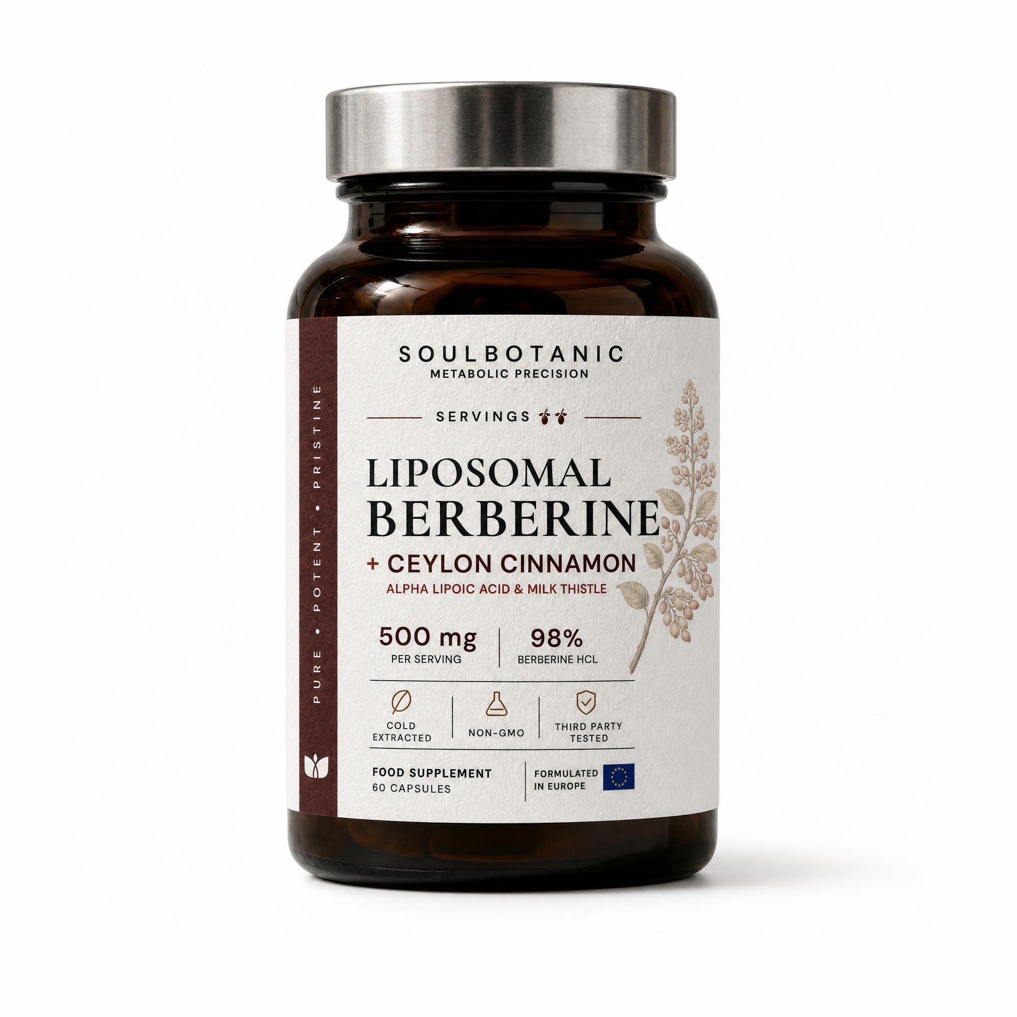 SoulBotanic Liposomal Berberine bottle standing on a plain white studio background